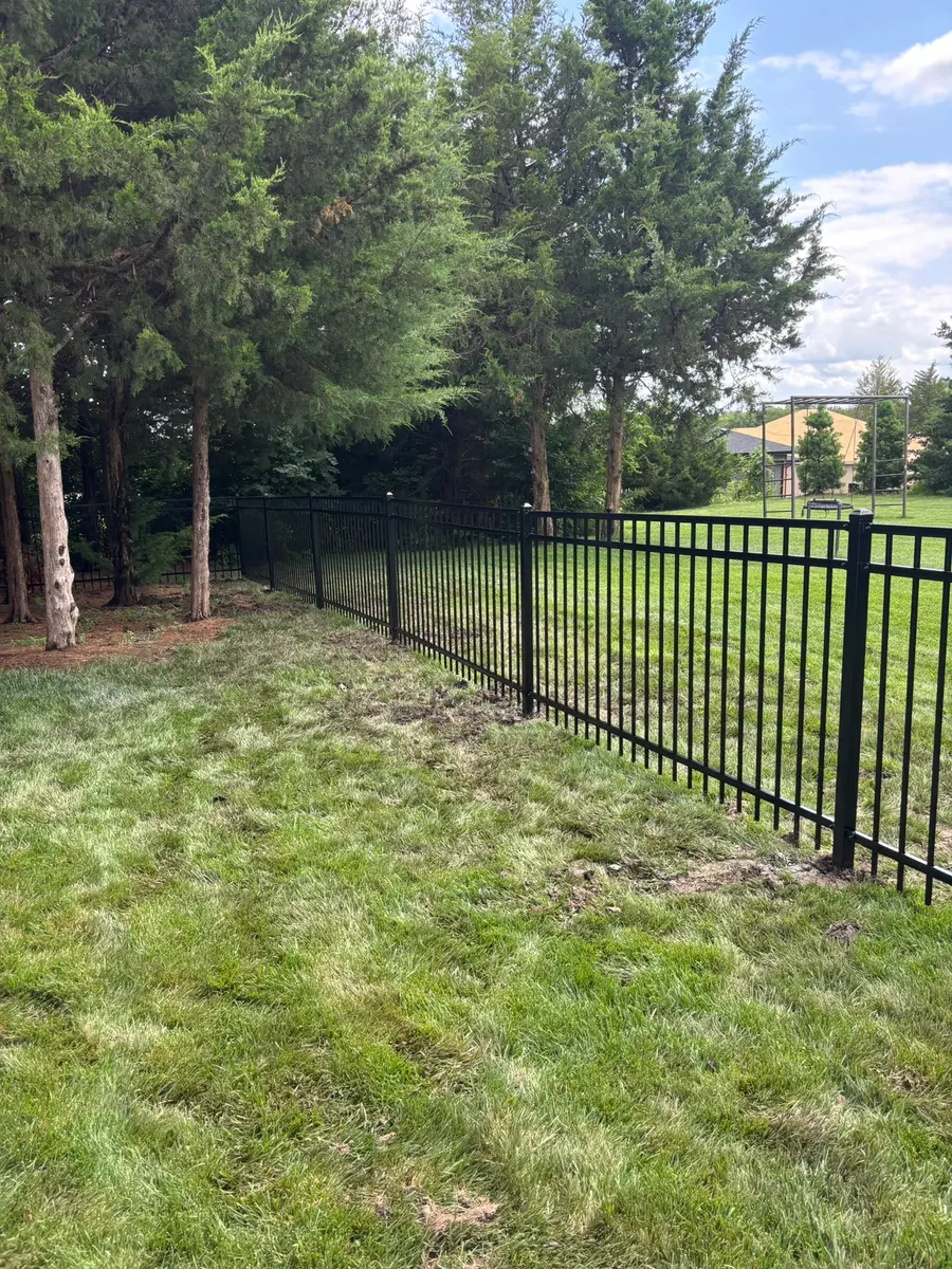 Black aluminum fence carried along a treeline property line by RKC Wood Care Pros