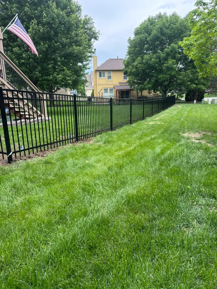 Three-rail black aluminum fence enclosing a residential backyard by RKC Wood Care Pros