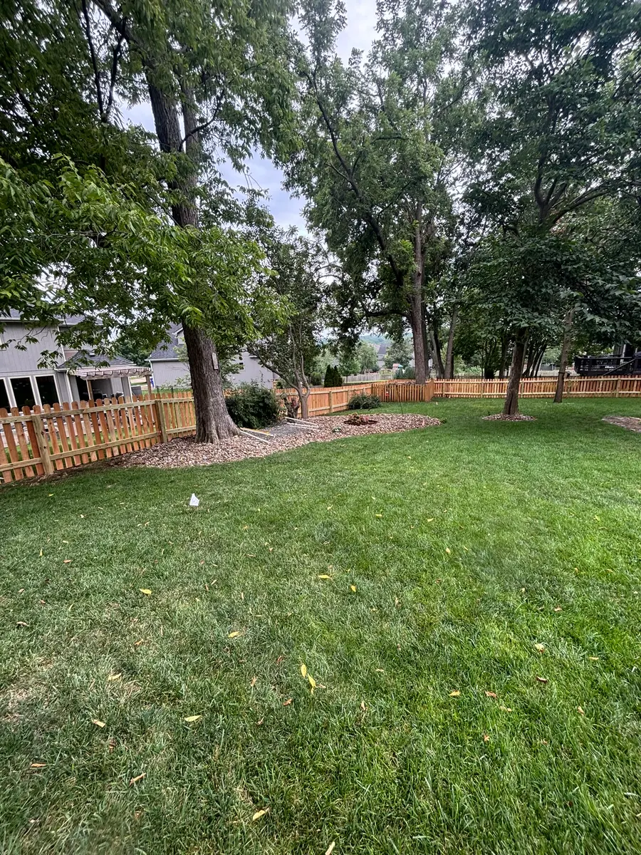 Cedar picket fence enclosing a large shaded backyard by RKC Wood Care Pros