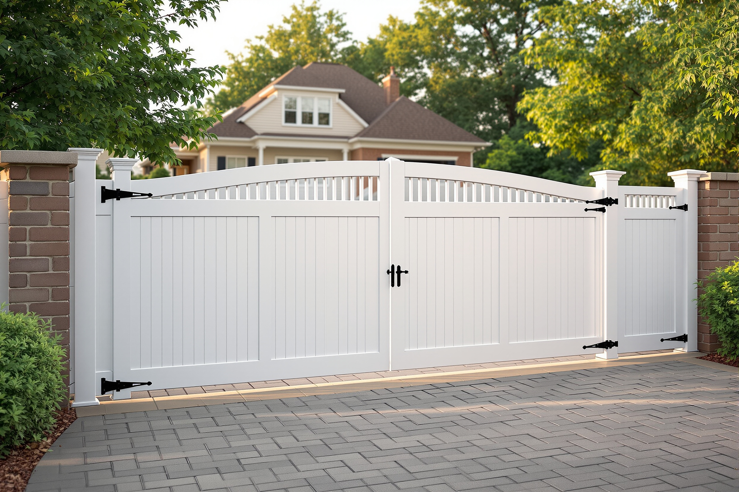 Double-drive vinyl driveway gate with drop rod latch in Lee's Summit, MO — RKC Wood Care Pros