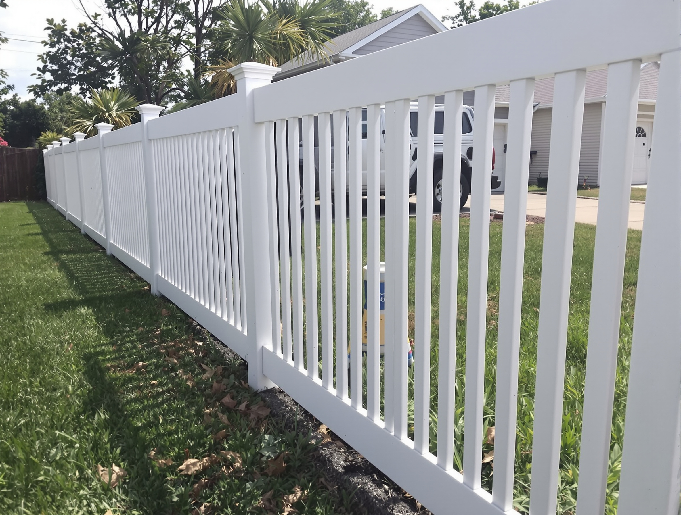 Semi-privacy vinyl picket panel install along a long KC metro property line — RKC Wood Care Pros