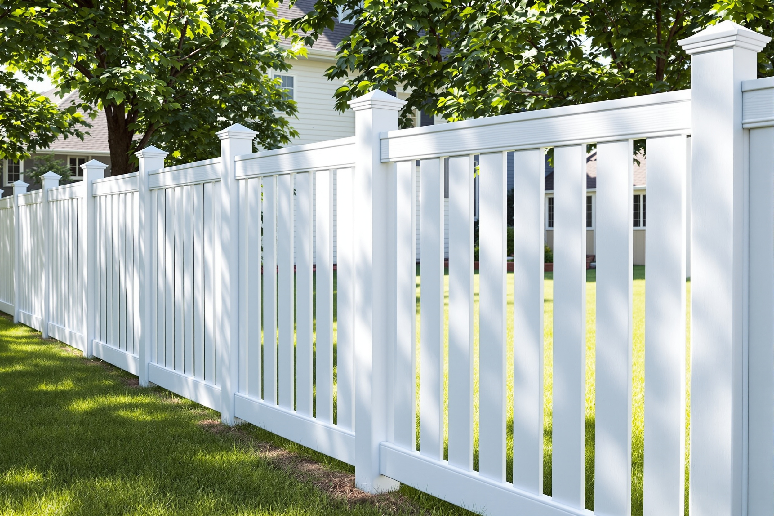 White vinyl spaced picket fence with flat-top pickets in a Kansas City front yard — RKC Wood Care Pros