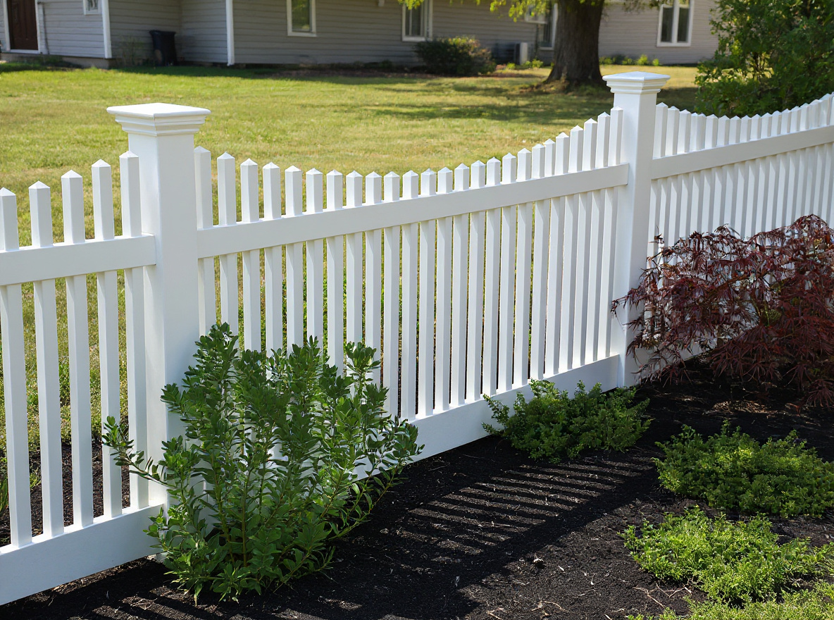 Cape Cod scalloped-top UV-stabilized vinyl picket fence in a Kansas City front yard — RKC Wood Care Pros