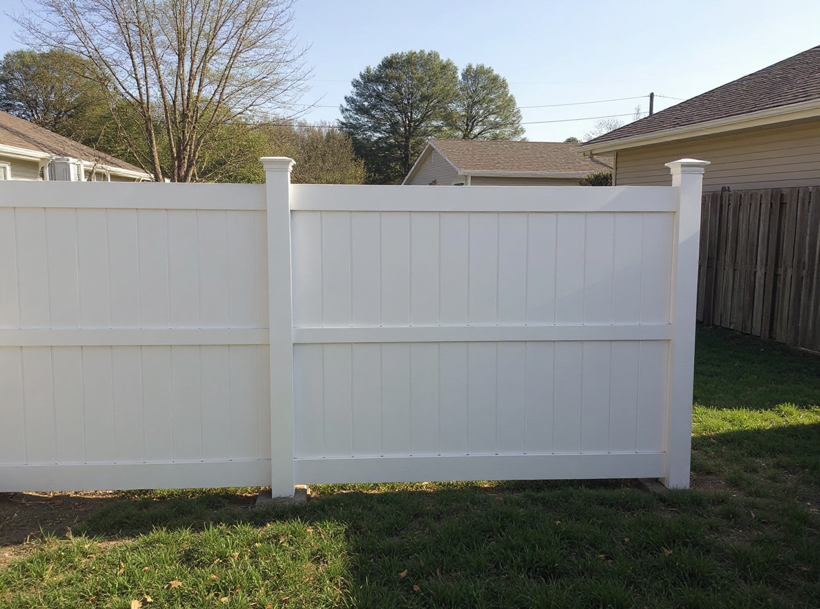 White vinyl privacy fence panels installed in a Kansas City suburban backyard — RKC Wood Care Pros