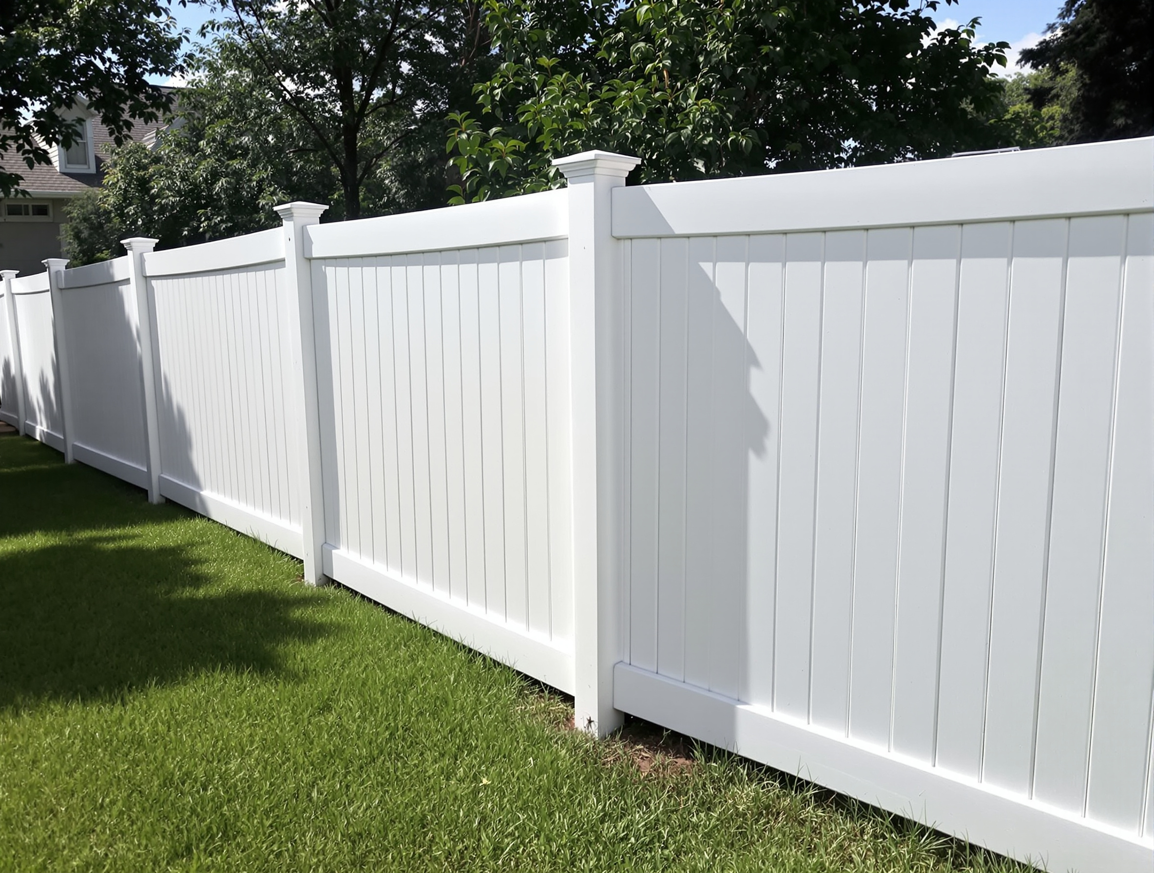 White vinyl privacy fence on a sunny corner lot in Kansas City — installed by RKC Wood Care Pros with 36-inch post depth
