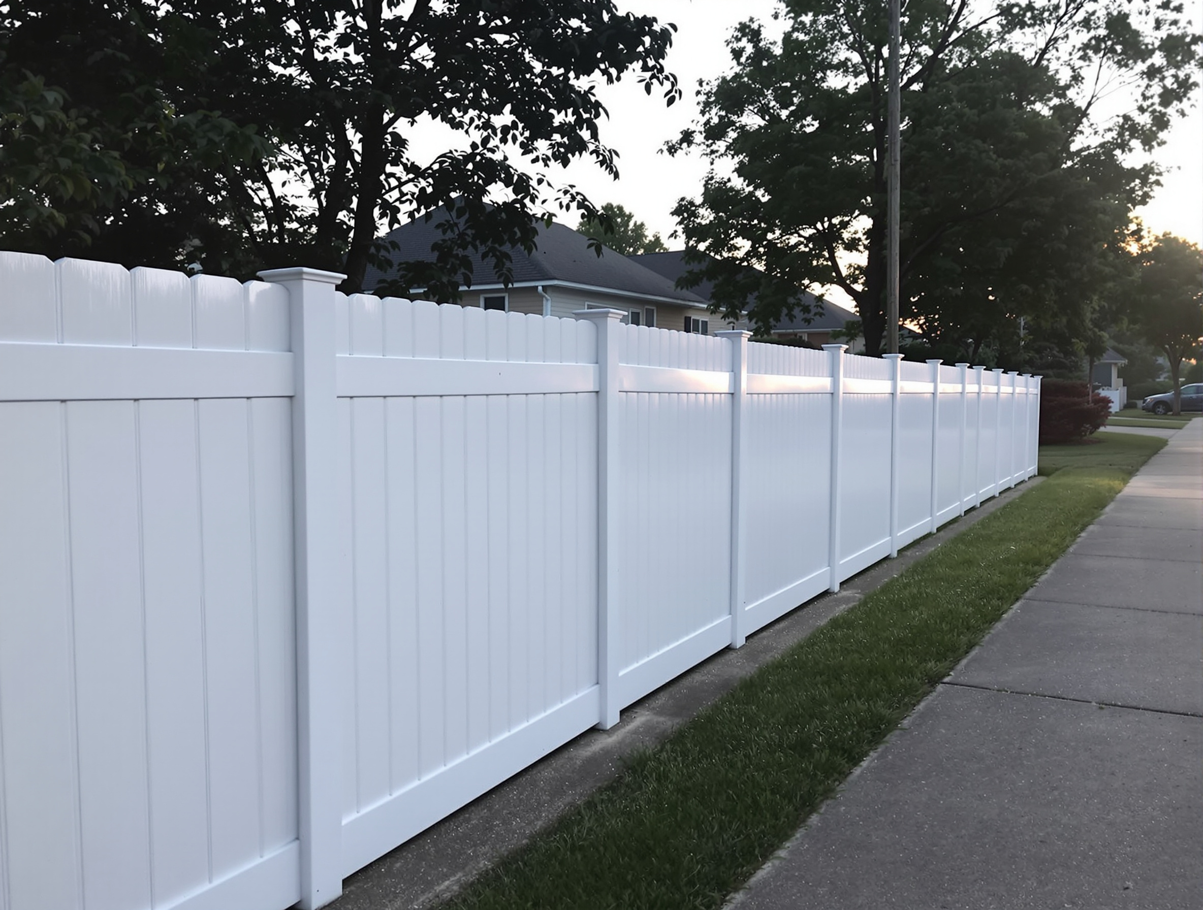 White vinyl privacy fence along a residential sidewalk at dusk in Kansas City — RKC Wood Care Pros