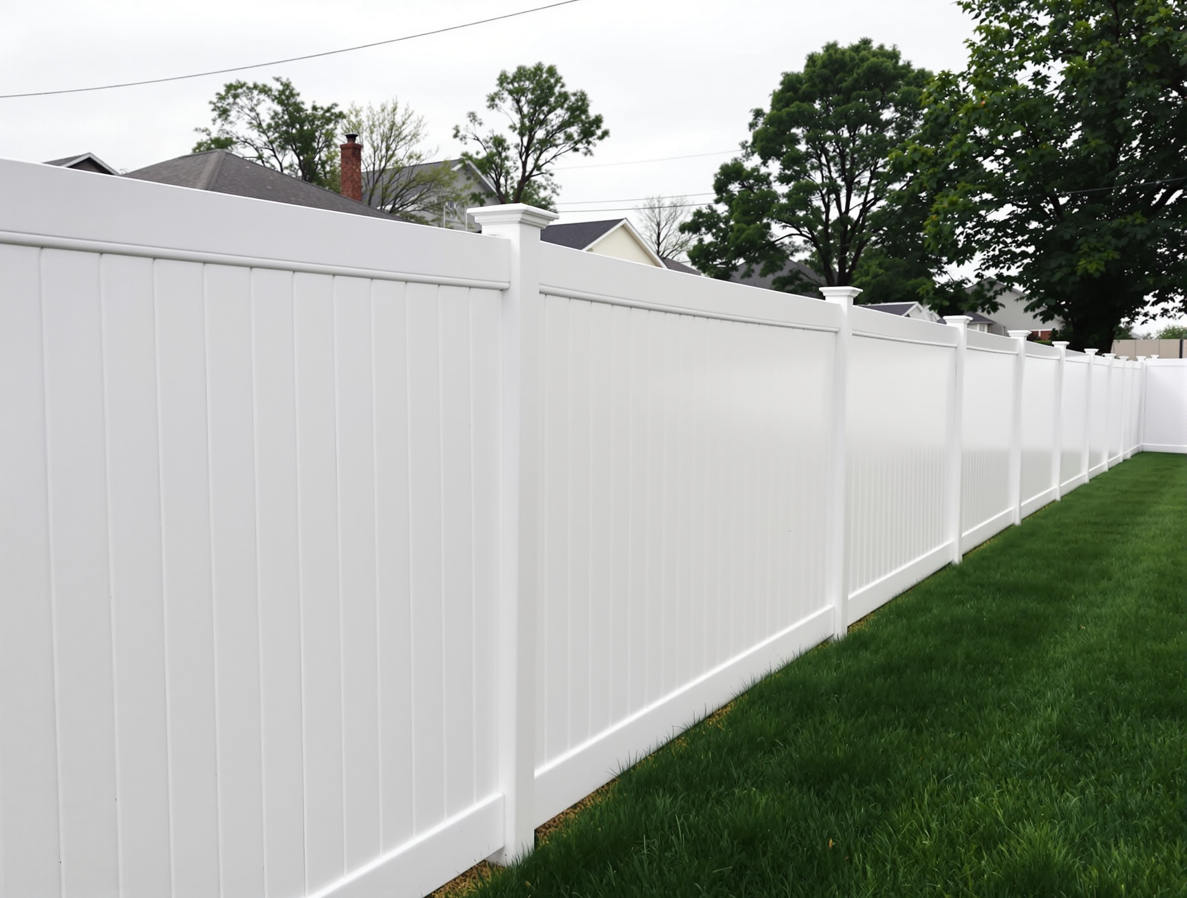 Clean white vinyl privacy fence in a Kansas City backyard — low-maintenance install by RKC Wood Care Pros