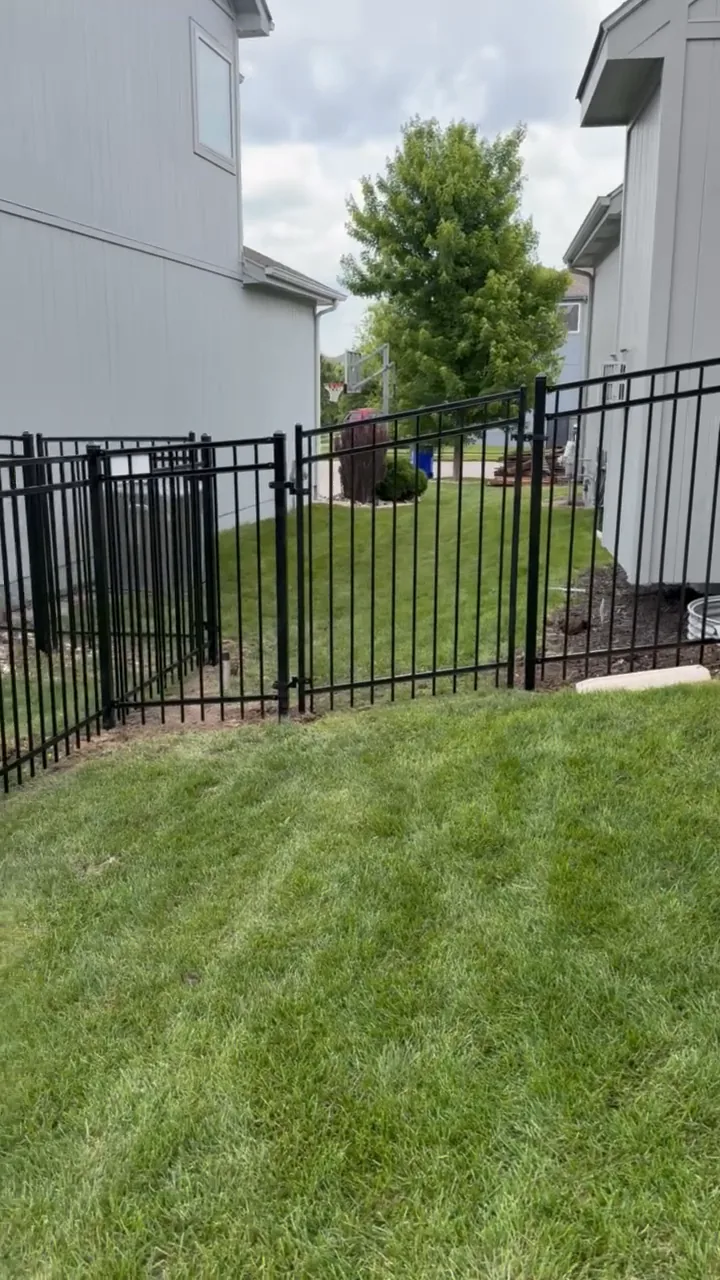 Black ornamental iron fence around a backyard in Olathe, KS — RKC Wood Care Pros
