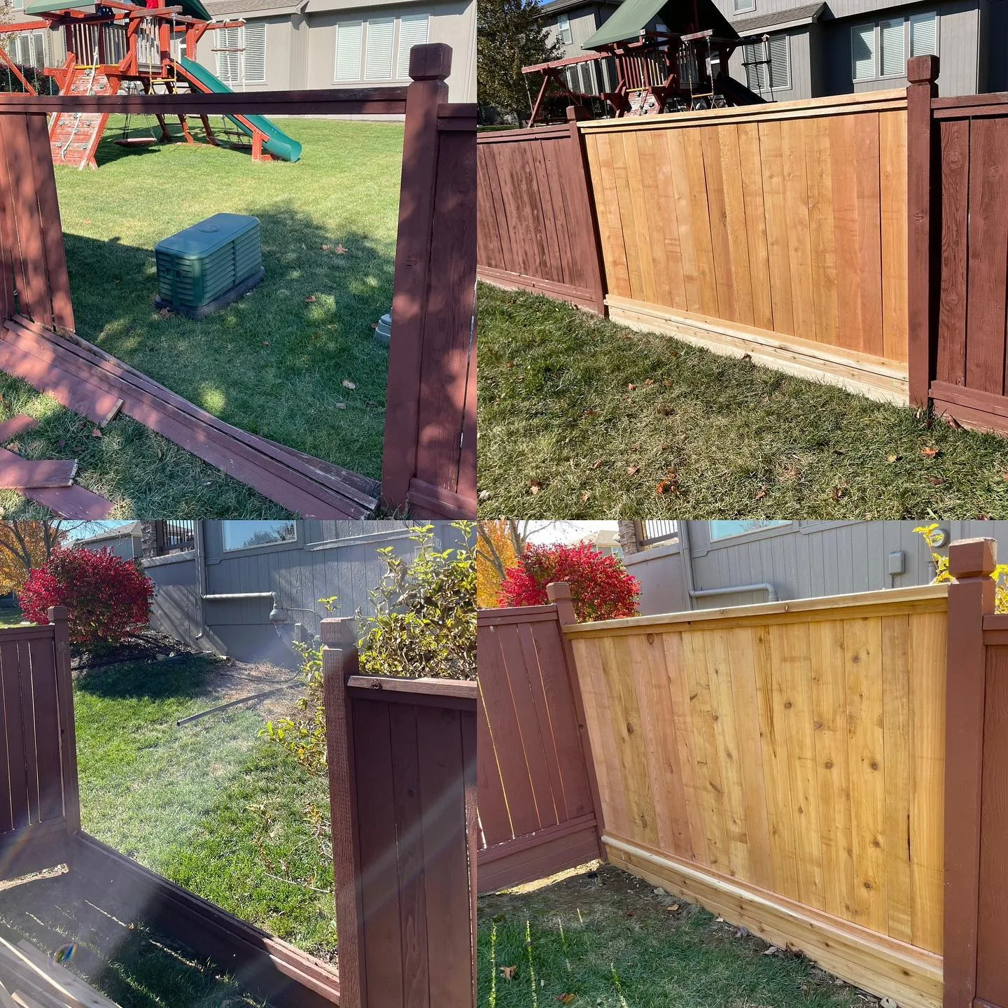 Four-photo collage showing cedar fence and deck staining results in Prairie Village, KS — warm amber tones throughout